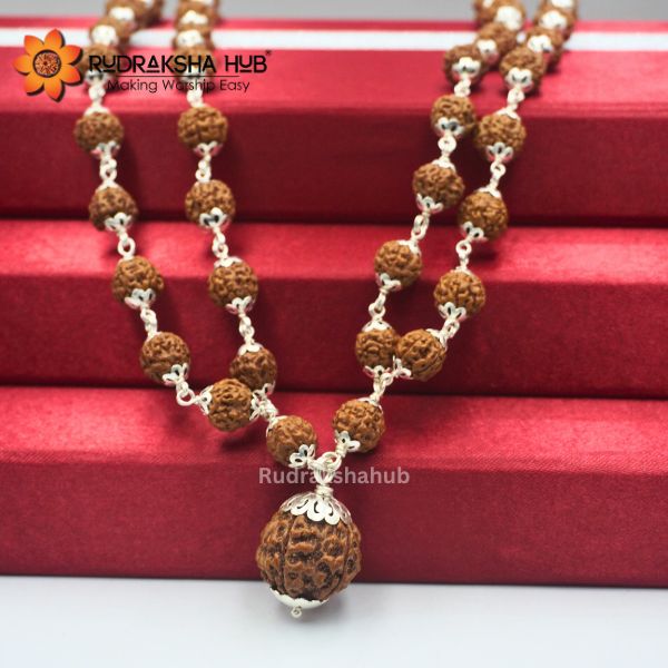 5 मुखी रुद्राक्ष गुरु माला 10 मिमी शुद्ध चांदी