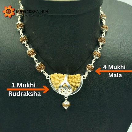 Necklace with Rudraksha and 4 Mukhi Mala on a black background