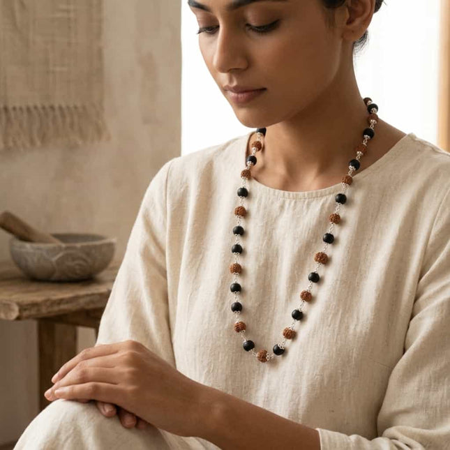 Karungali Rudraksha Mala Silver Capped