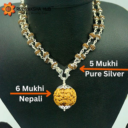 शुद्ध चांदी माला 108 मनकों में 6 मुखी रुद्राक्ष