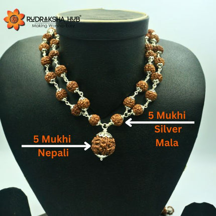 5 मुखी रुद्राक्ष गुरु माला 10 मिमी शुद्ध चांदी