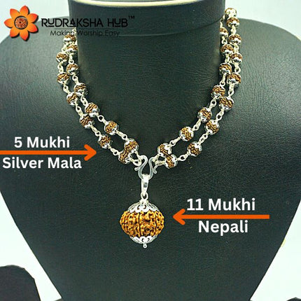 शुद्ध चांदी की 108 मनकों की माला में 11 मुखी रुद्राक्ष